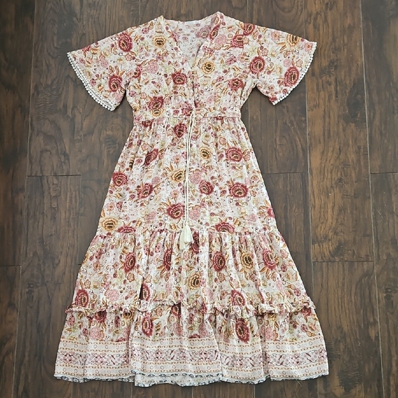SIZE L 12/14 Floral Maxi Dress with Lace Trim - Picture 1 of 7